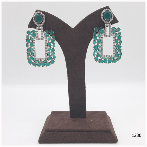 Rose Gold American Diamond Earring With Emerald Colour Stone Work