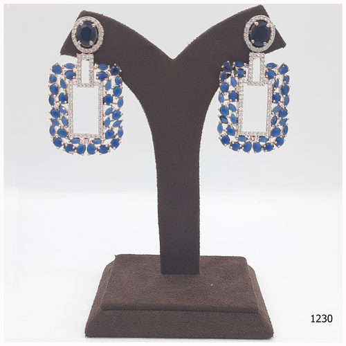 Rose Gold American Diamond Earring With Blue Colour Stone Work