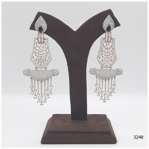 American Diamond Earring With Blue colour Stone Work And American Diamond Hanging