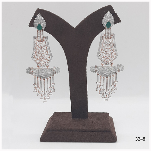 American Diamond Earring With Green Colour Stone Work And American Diamond Hanging