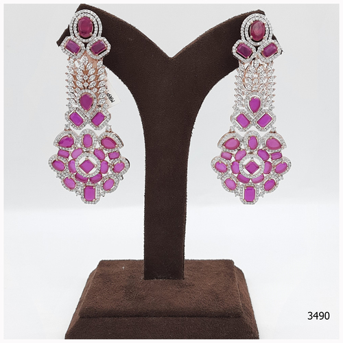 American Diamond Earring With Pink colour Stone Work And Hanging