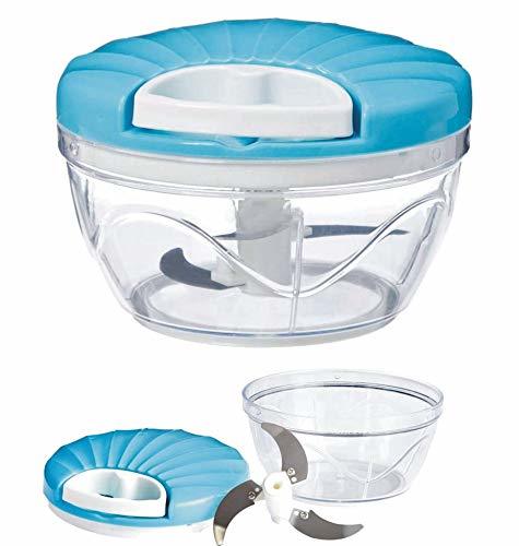 Blue Vegetable Chopper 500ml - Food Grade Plastic 13.5 Cm X 13.5 Cm X 9 Cm Stainless Steel Blades | Easy-pull Mechanism Safe Locking Lid