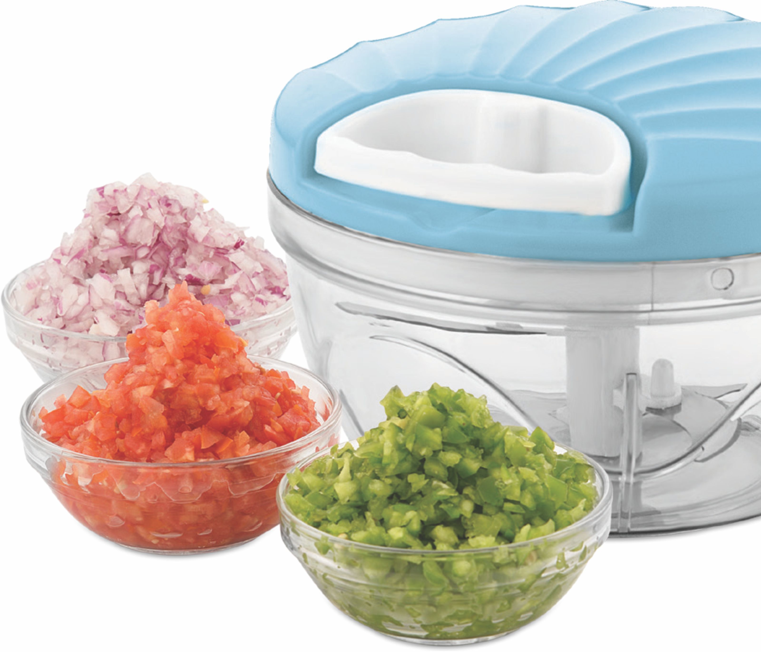 Blue Vegetable Chopper 500ml - Food Grade Plastic 13.5 Cm X 13.5 Cm X 9 Cm Stainless Steel Blades | Easy-pull Mechanism Safe Locking Lid