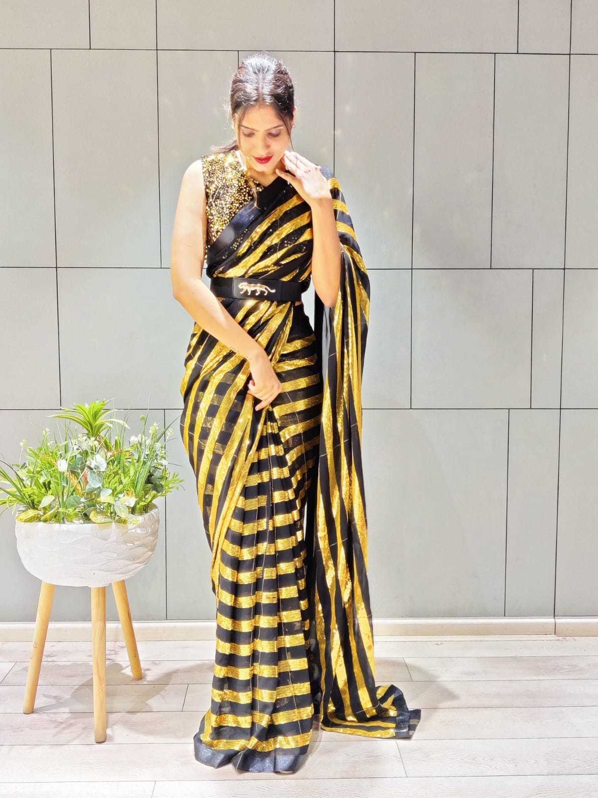Silk Saree Collection - Georgette & Velvet, Upto Xxl, Black Saree With Sequins Work, Unstitched Blouse, Ideal For Special Occasions & Events