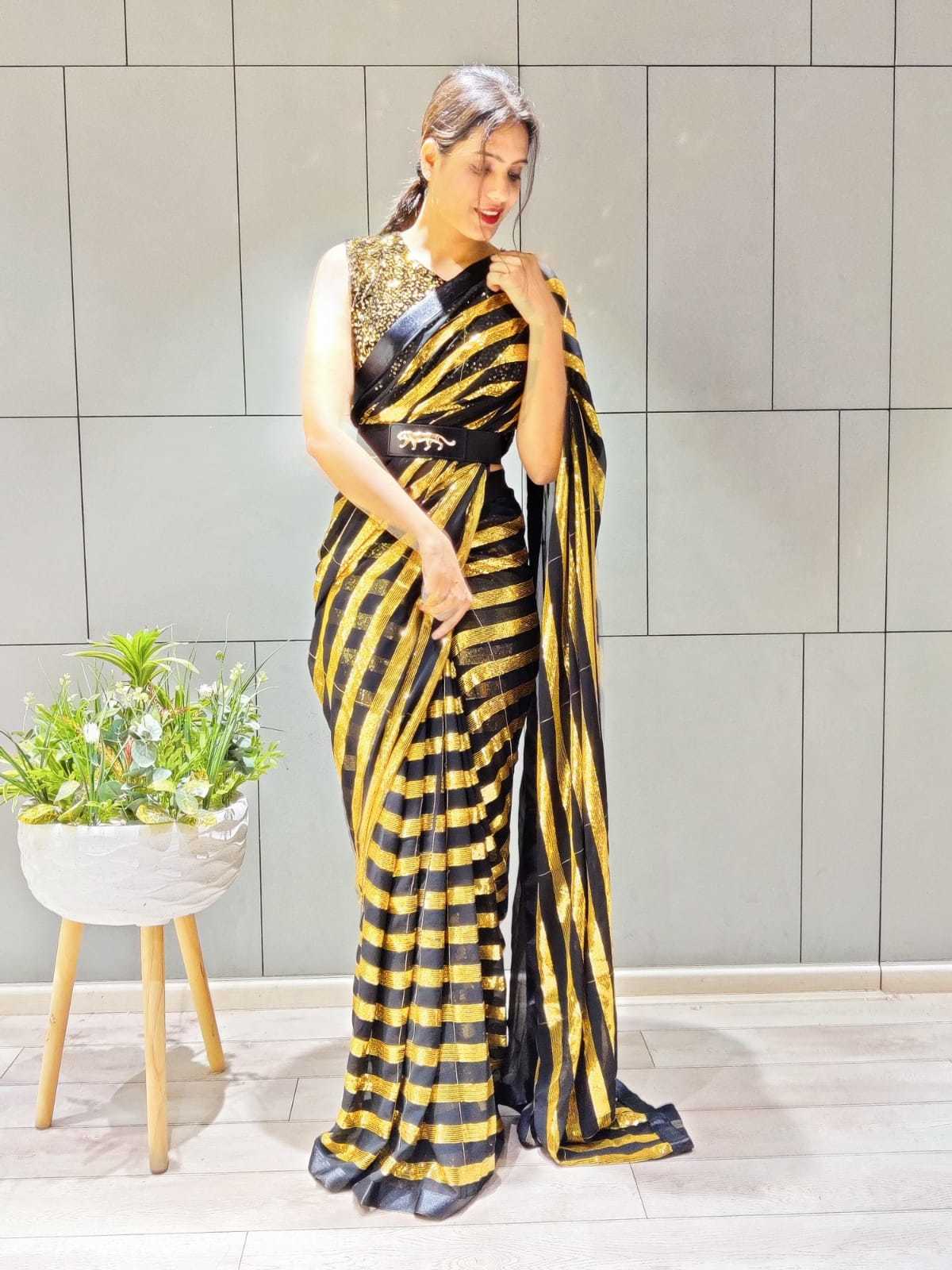 Silk Saree Collection - Georgette & Velvet, Upto Xxl, Black Saree With Sequins Work, Unstitched Blouse, Ideal For Special Occasions & Events