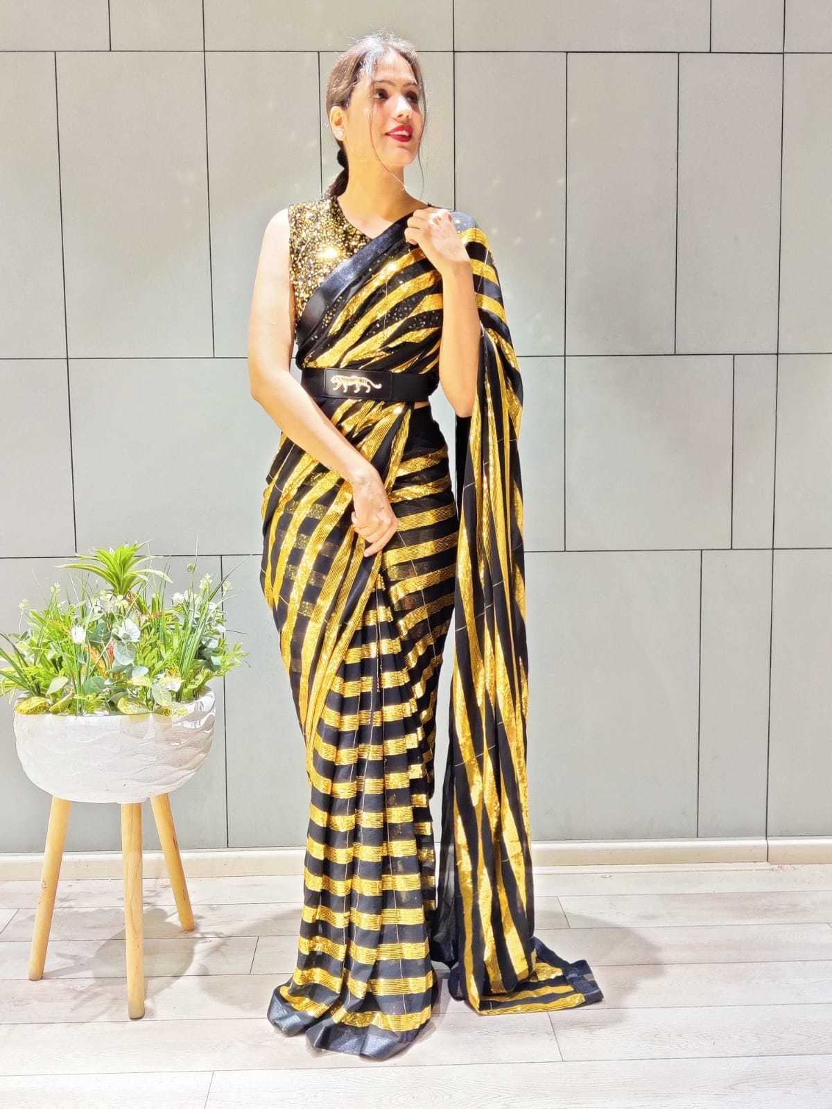 Silk Saree Collection - Georgette & Velvet, Upto Xxl, Black Saree With Sequins Work, Unstitched Blouse, Ideal For Special Occasions & Events