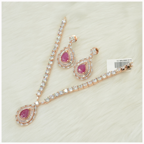 Rose Gold Plated American Diamond Necklace Set With Ruby Colour Stone Work