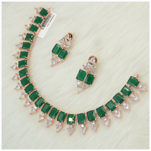 Rose Gold Plated American Diamond Necklace Set With Emerald Colour Stone Work