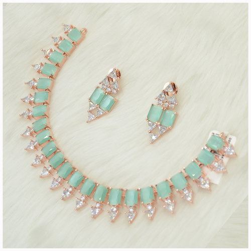 Rose Gold Plated American Diamond Necklace Set With Green Colour Stone Work