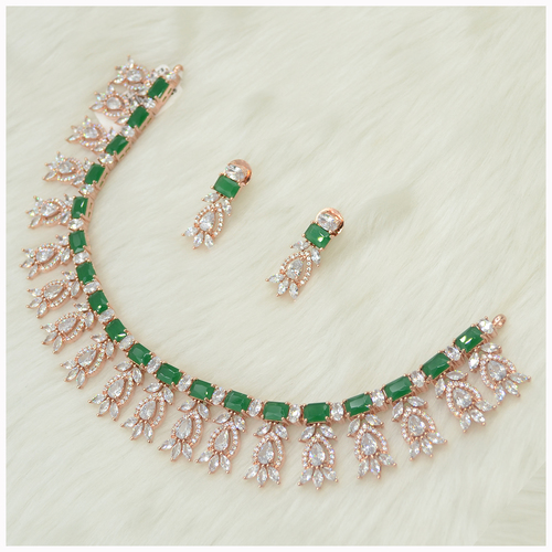 Rose Gold Plated American Diamond Necklace Set With Emerald Colour Stone Work
