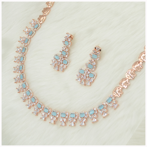 Rose Gold Plated American Diamond Necklace Set With Blue Colour Stone Work