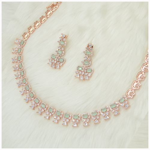 Rose Gold Plated American Diamond Necklace Set With Mint Green Colour Stone Work