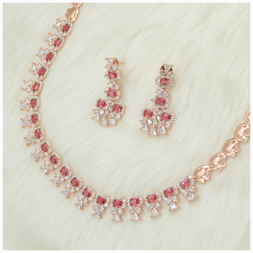 Rose Gold Plated American Diamond Necklace Set With Ruby Colour Stone Work