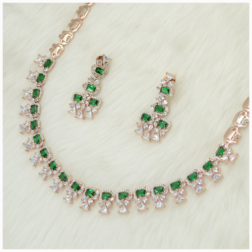 Rose Gold Plated American Diamond Necklace Set With Emerald Colour Stone Work