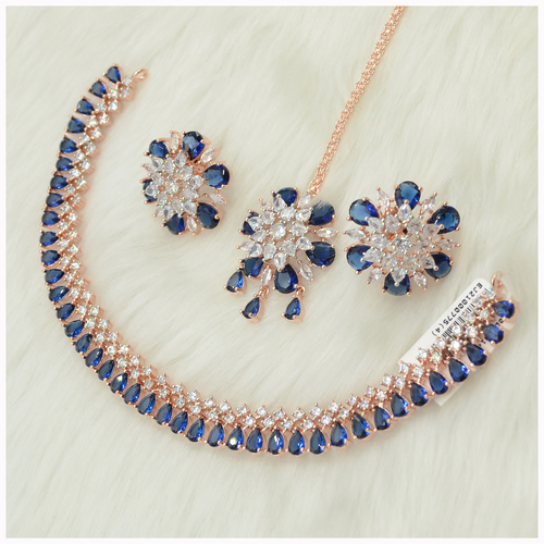 Rose Gold Plated American Diamond Necklace With Blue Colour Stones