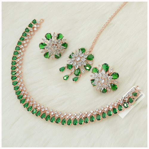 Rose Gold Plated American Diamond Necklace Set With Emerald Colour Stone Work