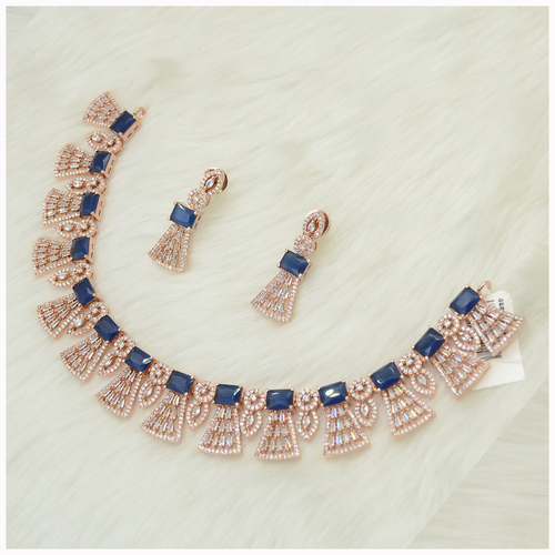 Rose Gold American Diamond Earring With Blue Colour Stone Work