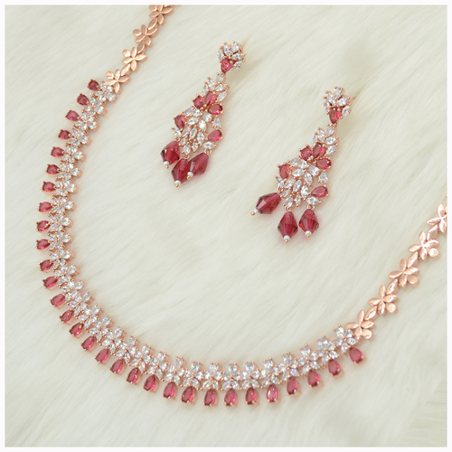 Rose Gold Plated American Diamond Necklace Set With Ruby Colour Stone Work