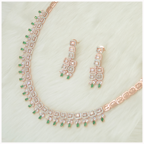 Rose Gold Plated American Diamond Necklace Set With Emerald Colour Stone Work
