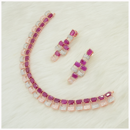 Rose Gold Plated American Diamond Necklace Set With Ruby Colour Stone Work