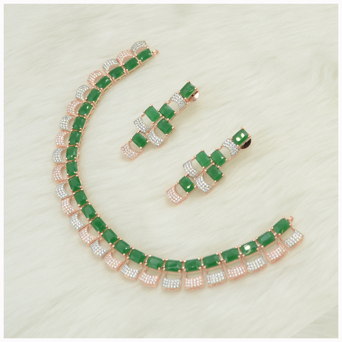 Rose Gold Plated American Diamond Necklace Set With Emerald Colour Stone Work
