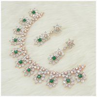 Rose Gold Plated American Diamond Necklace Set With Touch Of Green Colour Stones