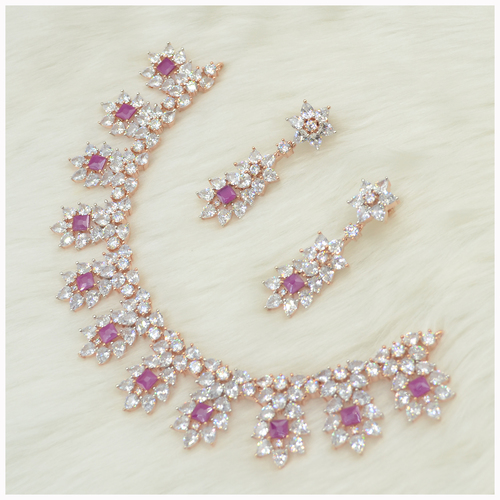 Rose Gold Plated American Diamond Necklace Set With Ruby Colour Stone Work