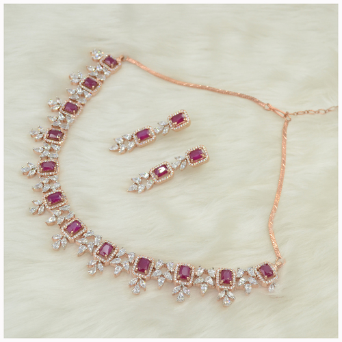 Rose Gold Plated American Diamond Necklace Set With Ruby Colour Stone Work