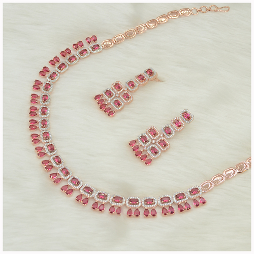 Rose Gold Plated American Diamond Necklace Set With Ruby Colour Stone Work