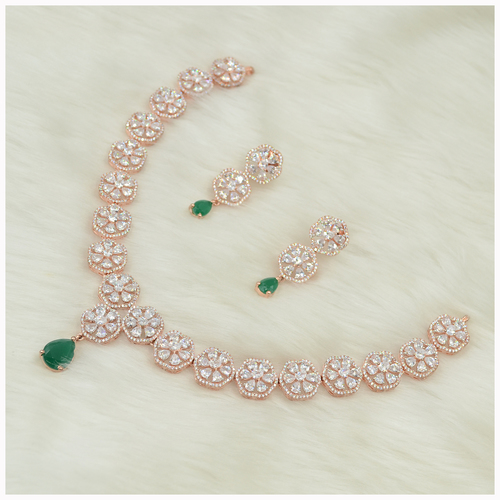 Rose Gold Plated American Diamond Necklace Set With Emerald Colour Stone Work