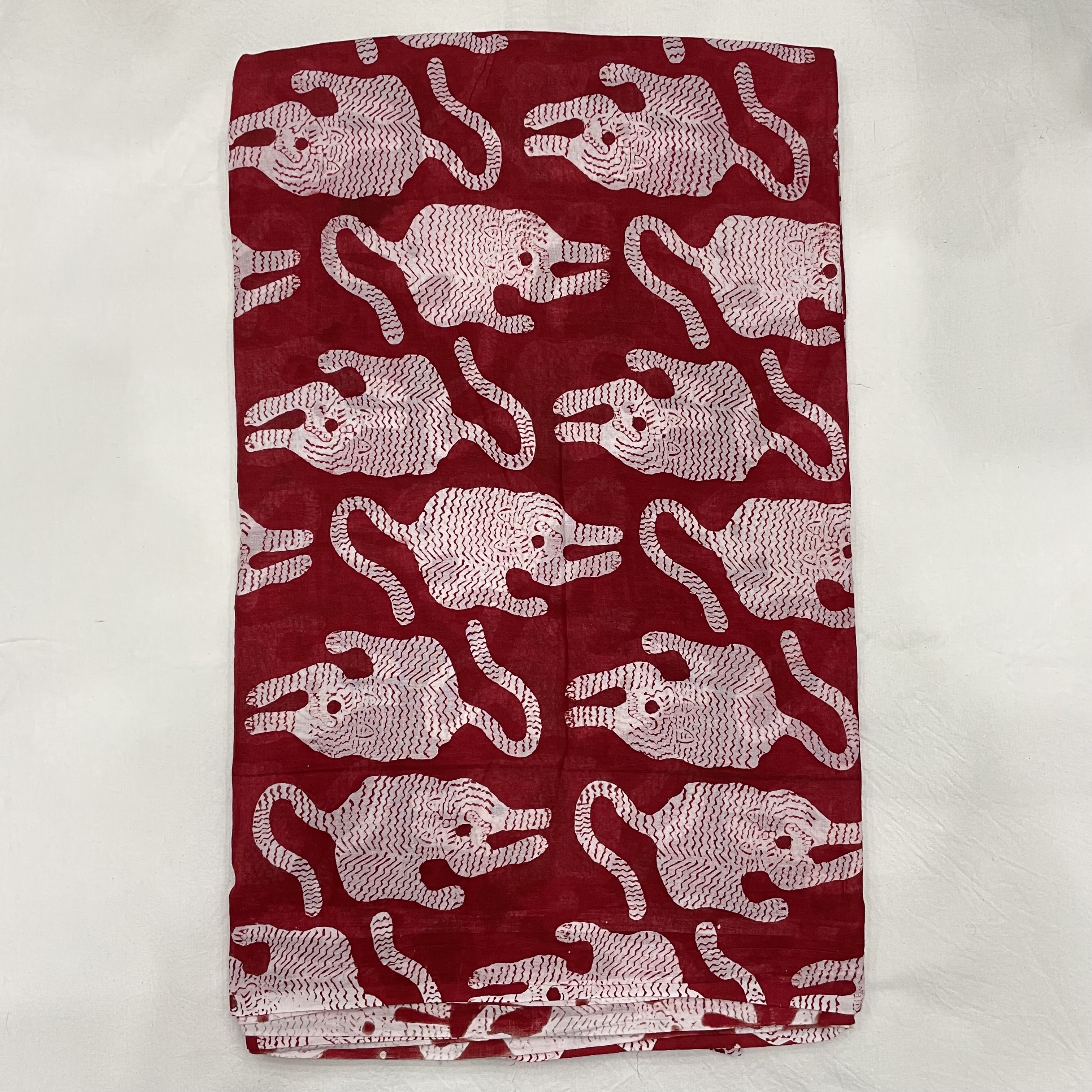 Tiger Print Fabric - 60s Cotton, 44 Inch Width | Red Color, Hand Block Printed, Ideal For Dresses And Cushion Covers