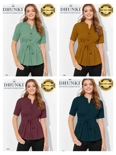 Dhunki Ladies Tops - Heavy Rayon Slub, M & XL Sizes, Multi Color, 1/3 Sleeve Design with Waist Belt | Plain Pattern, Sequins Closure, Daily Wear