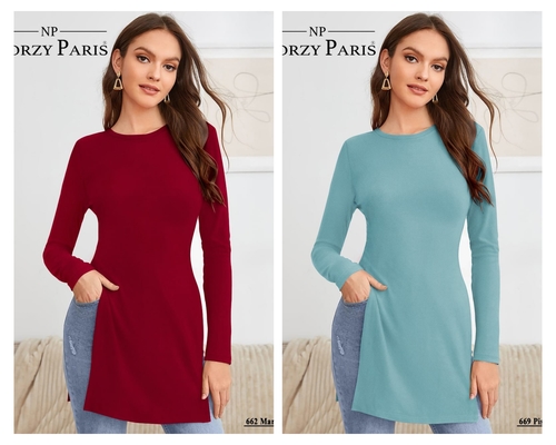 Designer Trendy Long T-Shirts - Spandex, Sizes S(34)-XL(40) | Full Sleeves, O-Neck, Plain Pattern, Available in Pista & Maroon