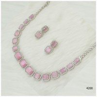 American Diamond Necklace Set With Pink Colour Stone