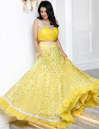 Georget Lehenga - Banglori Satin with Zari & Foil Work, Yellow Net Ruffle Border with Sequence Blouse