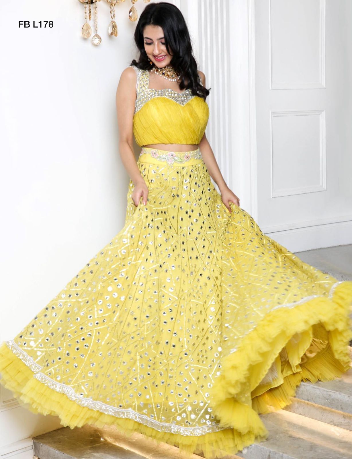 Georget Lehenga - Banglori Satin With Zari & Foil Work, Yellow Net Ruffle Border With Sequence Blouse