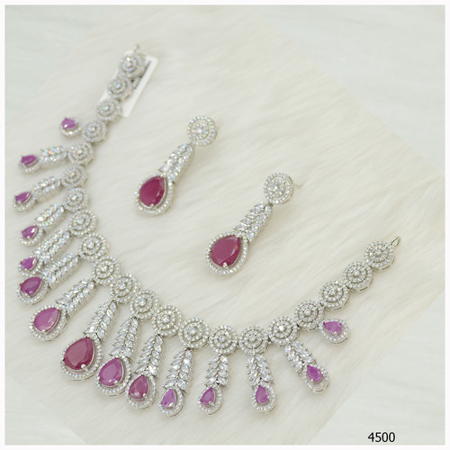 American Diamond Necklace Set With Ruby Colour Stone Work