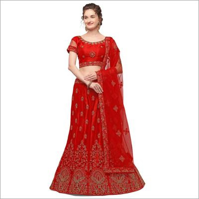 रेड फाइन सेमी स्टिच्ड एम्ब्रॉयडरी नेट लहंगा चोली