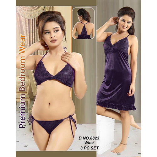 3 Piece Bedroom Nighty - Silk Satin, Size L, Wine Color | Sleeveless Design for Rainy, Spring, and Summer Seasons