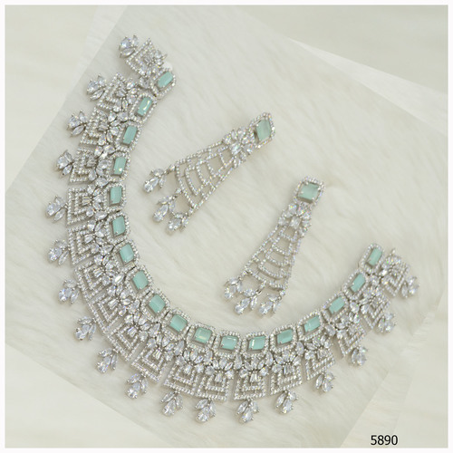 American Diamond Necklace Set With Lime Blue Colour Stone Work