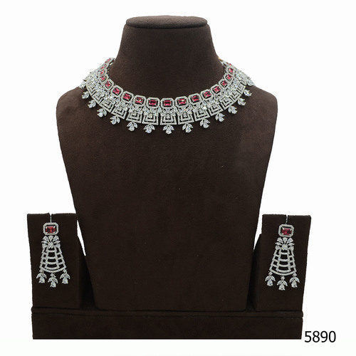 American Diamond Necklace Set With Ruby Colour Stone Work