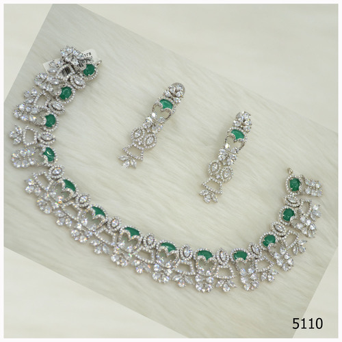 American Diamond Necklace With Green Colour Stone Work