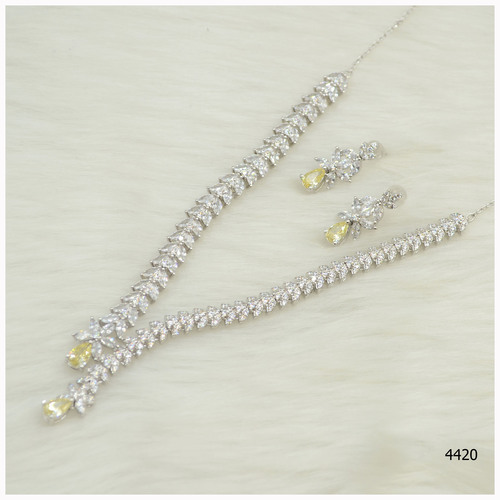 American Diamond Necklace With Yellow sapphire Colour Stone Work