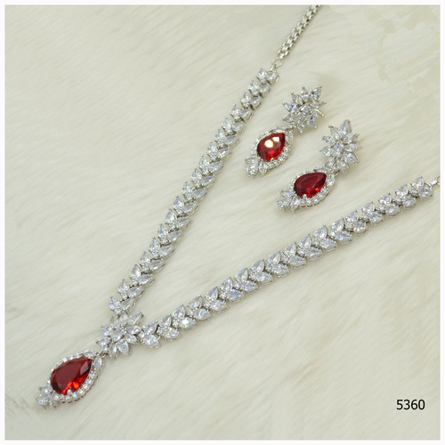 American Diamond Necklace With Beautiful Ruby Colour Stone Work