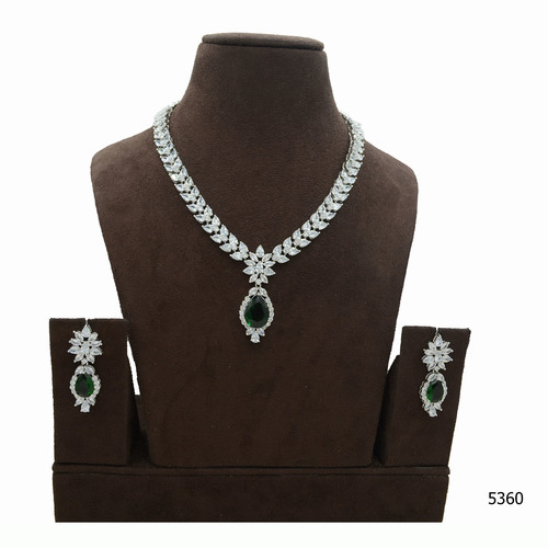 American Diamond Necklace With Beautiful Emerald Colour Stone Work