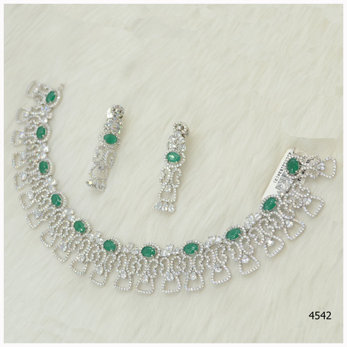 American Diamond Necklace Set With Green sapphire stone work