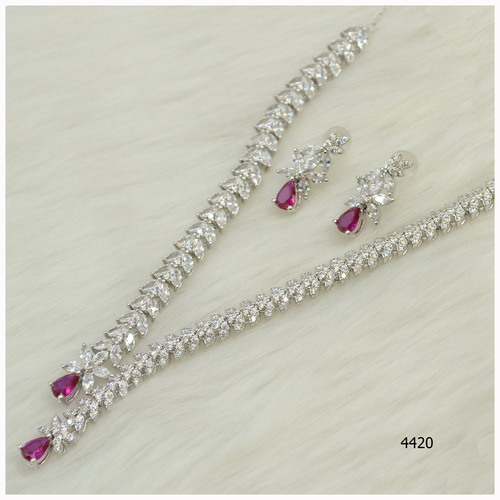 American Diamond Necklace Set With Beautiful Pink sapphire stone Work