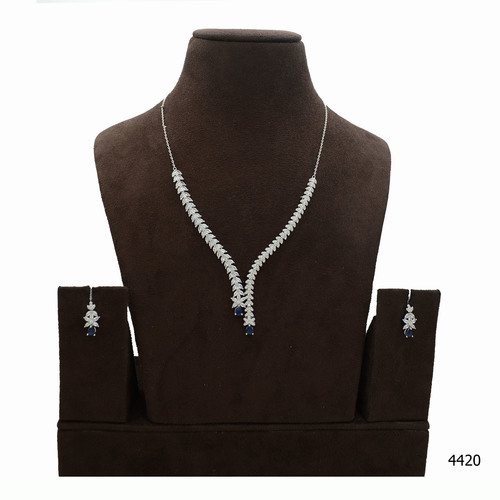 American Diamond Necklace Set With Beautiful Blue Sapphire Stone Work