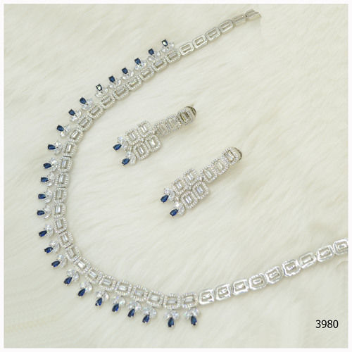 American Diamond Necklace Set With Beautiful Blue Stone Work