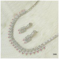 American Diamond Necklace Set With Beautiful Aqua Pink Stone Work